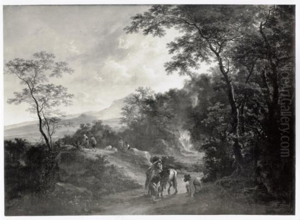 Italianate landscape with figures on the road and a waterfall Oil Painting by Jan Both