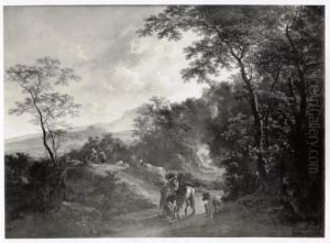 Italianate landscape with figures on the road and a waterfall