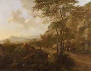 Mountain landscape with muleteers on a track