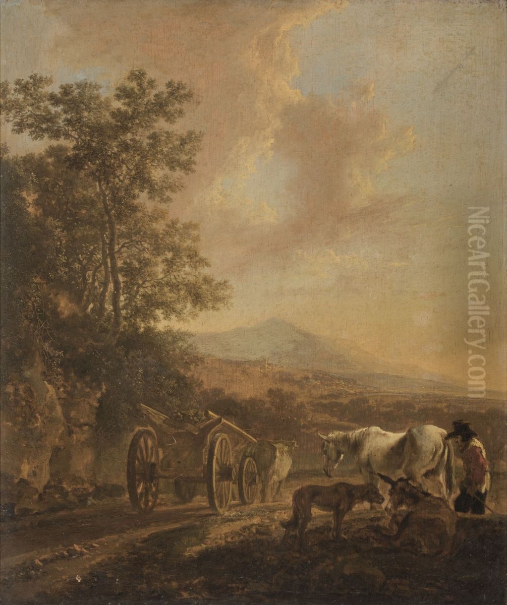 Shepherd with an oxcart in an Italianate landscape Oil Painting by Jan Both
