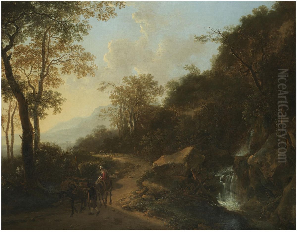 Italianate Landscape with Travellers crossing a Stream Oil Painting by Jan Both
