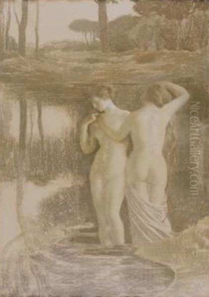 Deux nymphes au bain Oil Painting by Emile-Rene Menard