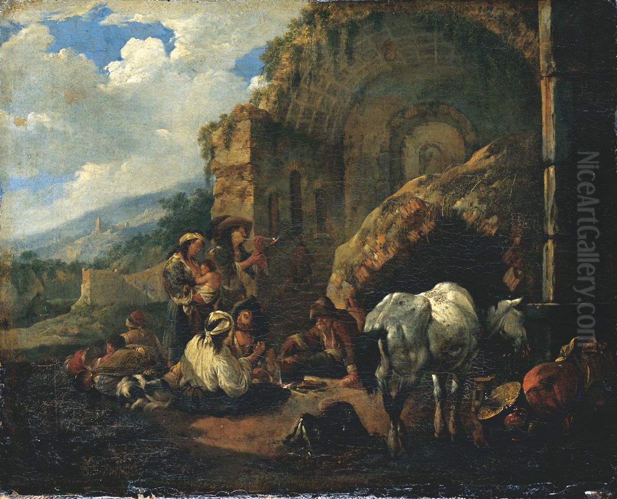Lagernde vor einer romischen Ruine Oil Painting by Johann Heinrich Roos