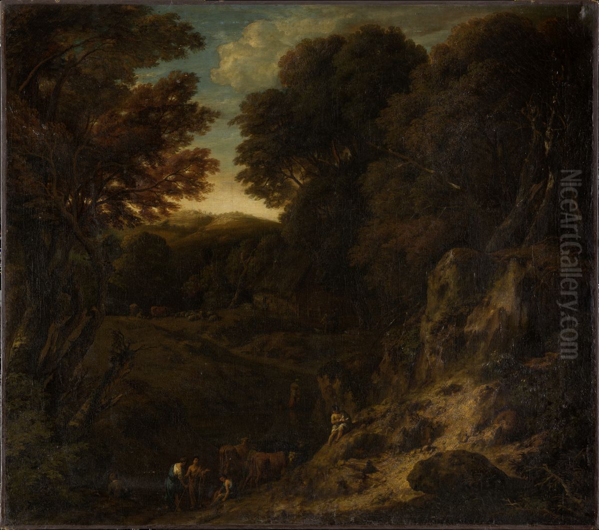 Italian Wooded Landscape with Cattle Pond Oil Painting by Cornelis Huysmans