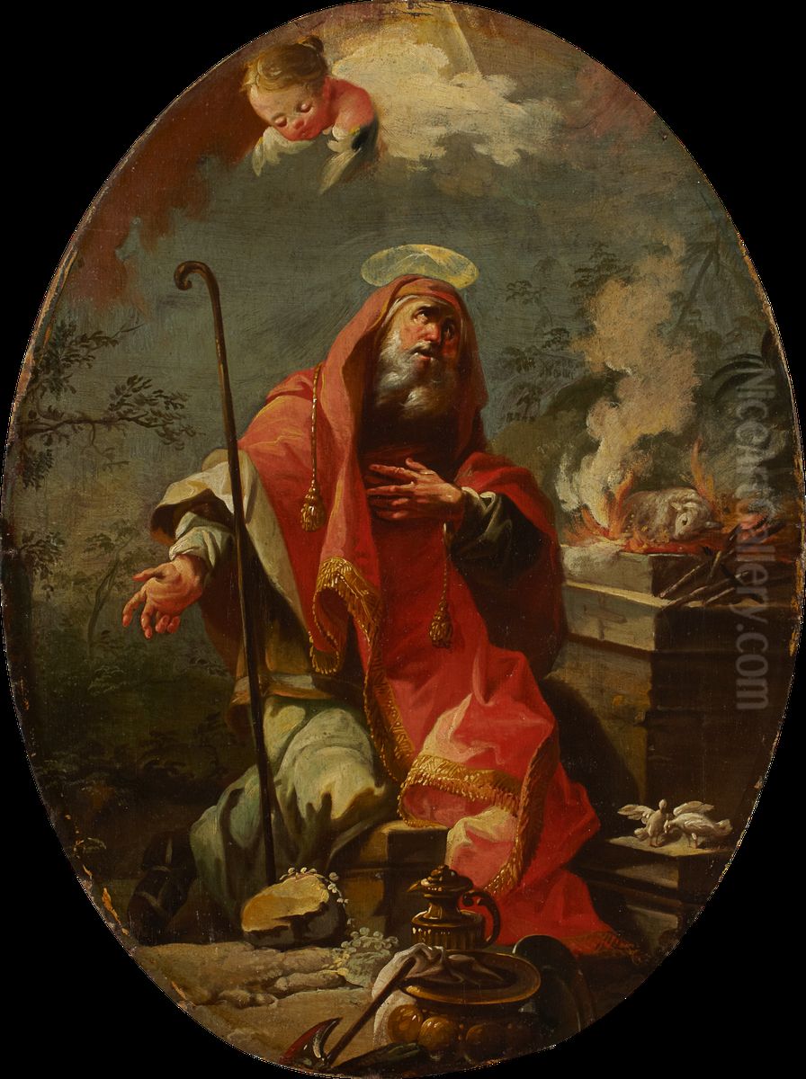 Joachim's Sacrifice, reverse: Saint Joseph with the Christ Child Oil Painting by Martino Altomonte