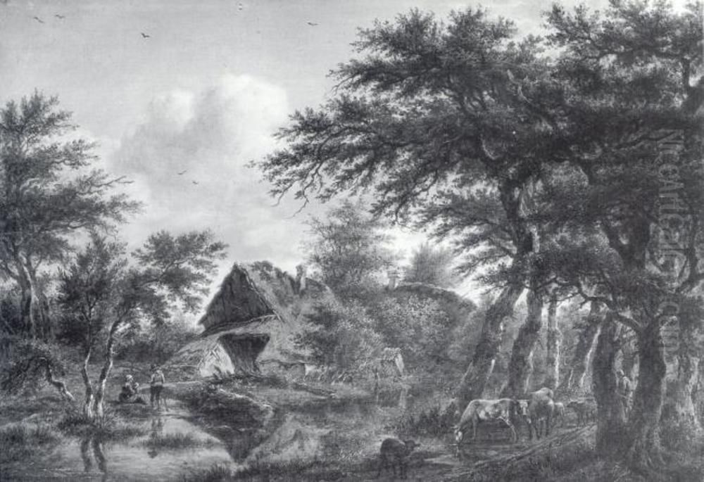 Landscape with Farm Amidst Trees Oil Painting by Jan Hulswit