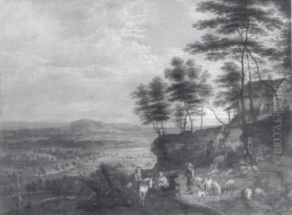 Landscape with Herd of Cattle before a Panoramic View Oil Painting by Lucas Van Uden