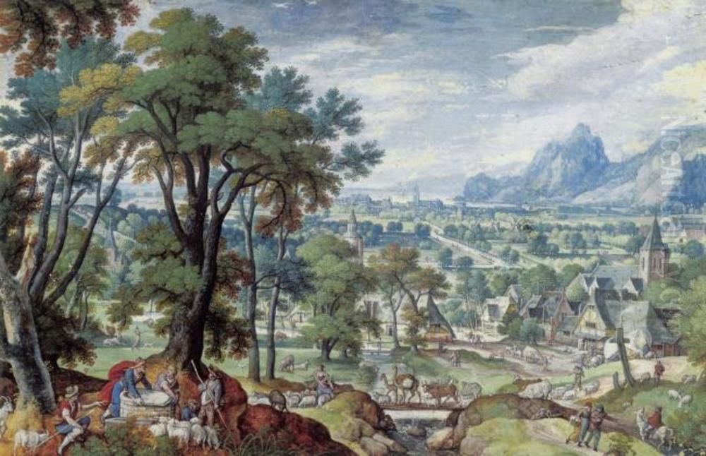 Landscape with Jacob at the Well Oil Painting by Hans Bol