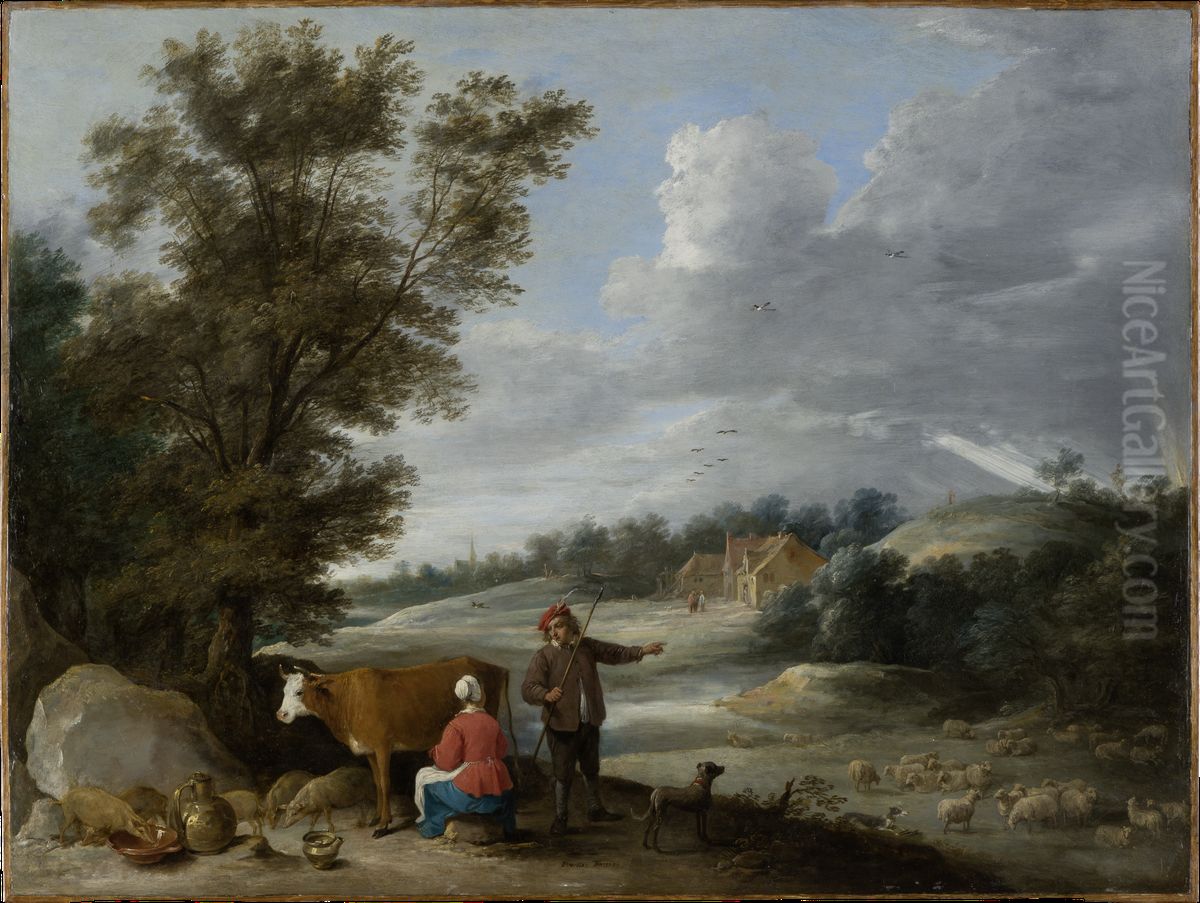 Landschaft mit melkender Magd und Hirte Oil Painting by David Teniers the Younger