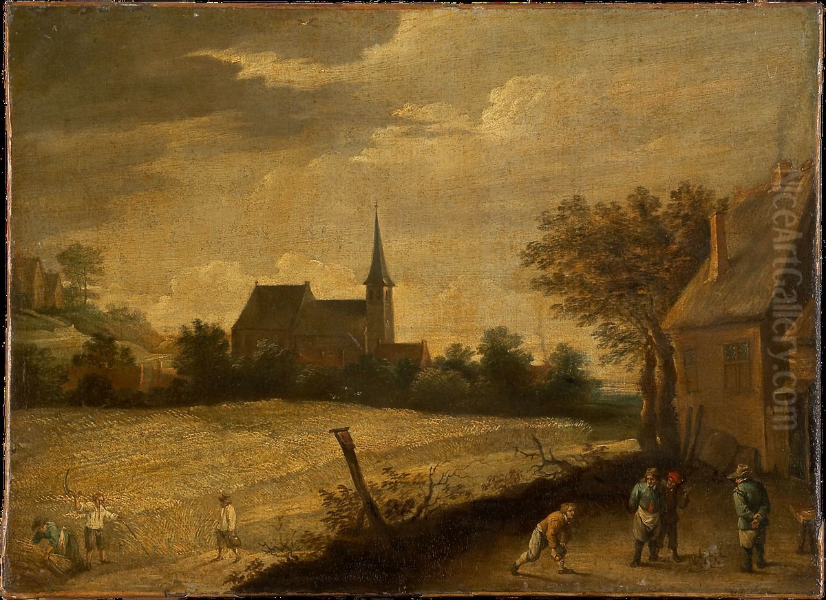 Landschaft mit mahenden und kegelspielenden Bauern Oil Painting by David Teniers the Younger