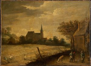 Landschaft mit mahenden und kegelspielenden Bauern