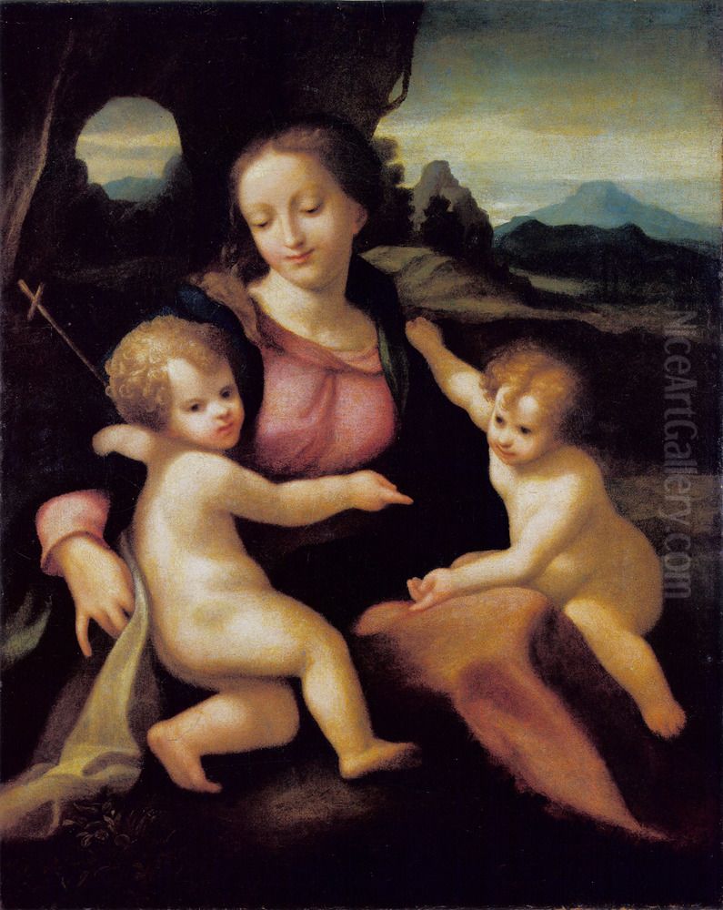 Madonna and Child with the Infant Saint John Oil Painting by Antonio da Correggio