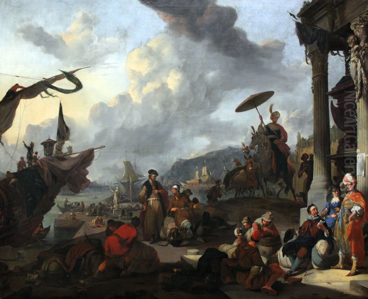 Mediterranean Harbour Scene Oil Painting by Johannes Lingelbach