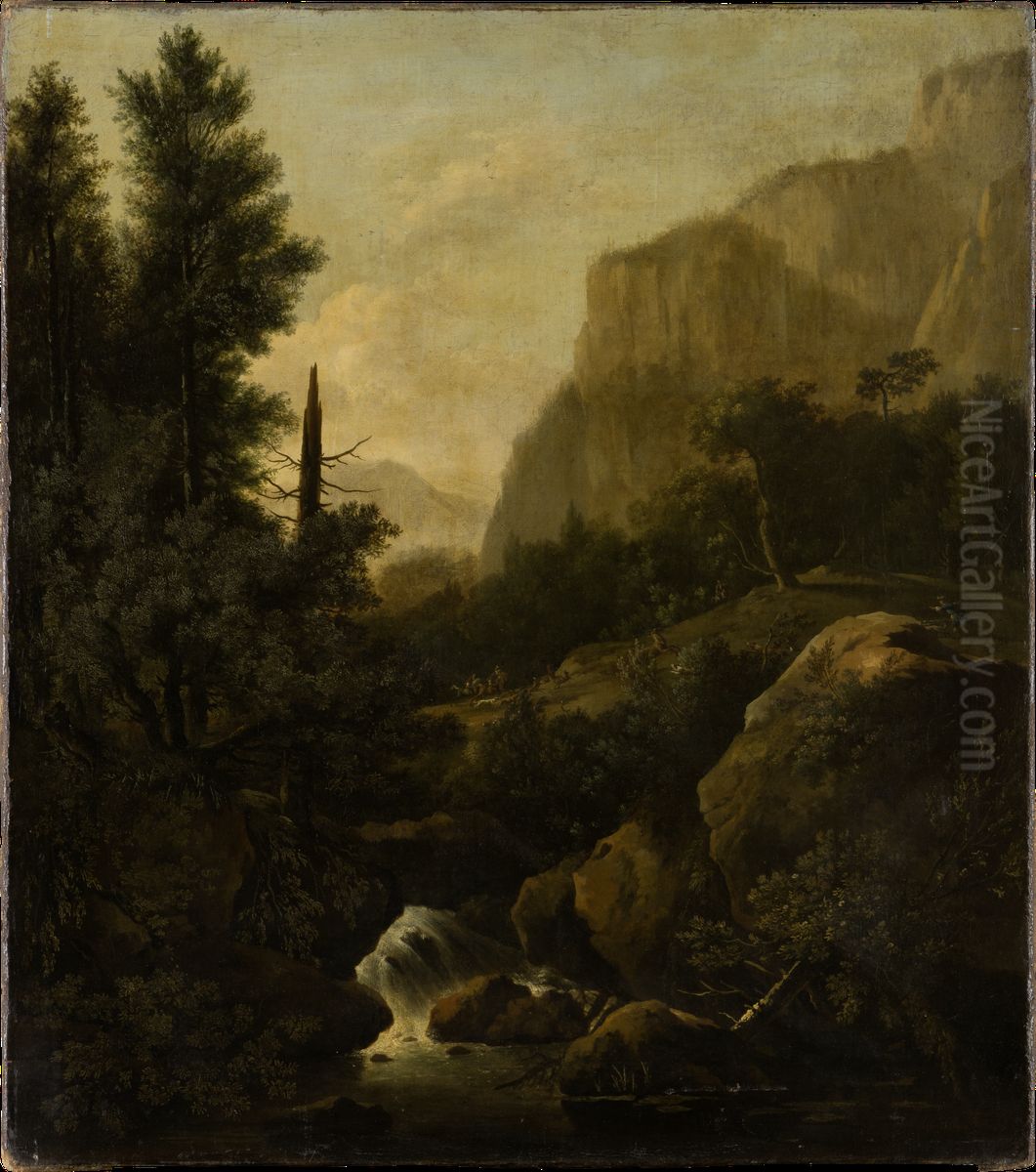 Mountain Landscape with Deer Hunt at a Waterfall Oil Painting by Frederik de Moucheron