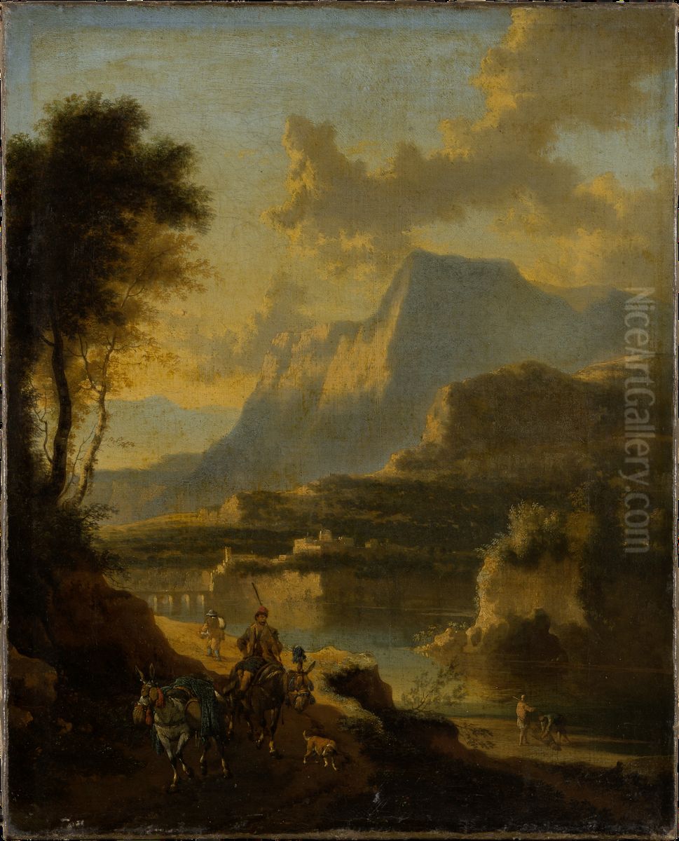 Gebirgige Landschaft mit Reiter in Abendbeleuchtung Oil Painting by Jan Hackaert