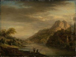 Gebirgige Flusslandschaft mit Regenbogen