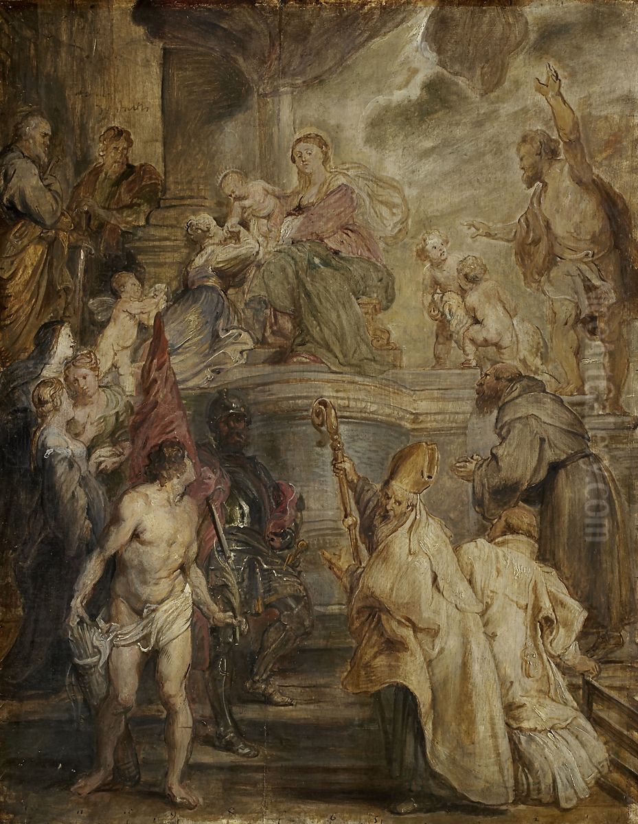 Die mystische Vermahlung der heiligen Katharina (Entwurf fur das Hochaltarbild der Augustinerkirche in Antwerpen), Ruckseite: zwei Reiterkampfe Oil Painting by (studio of) Rubens, Peter Paul