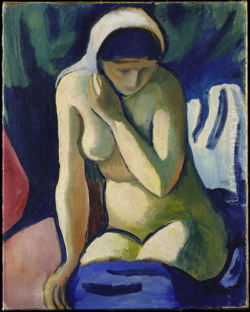 Naked Girl with Headscarf Oil Painting by August Macke