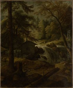 Landschaft mit Wasserfall und Muhle