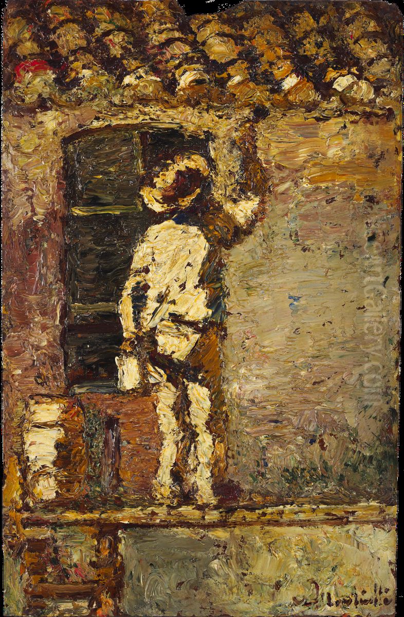 A painter at work on a house wall Oil Painting by Adolphe Joseph Thomas Monticelli