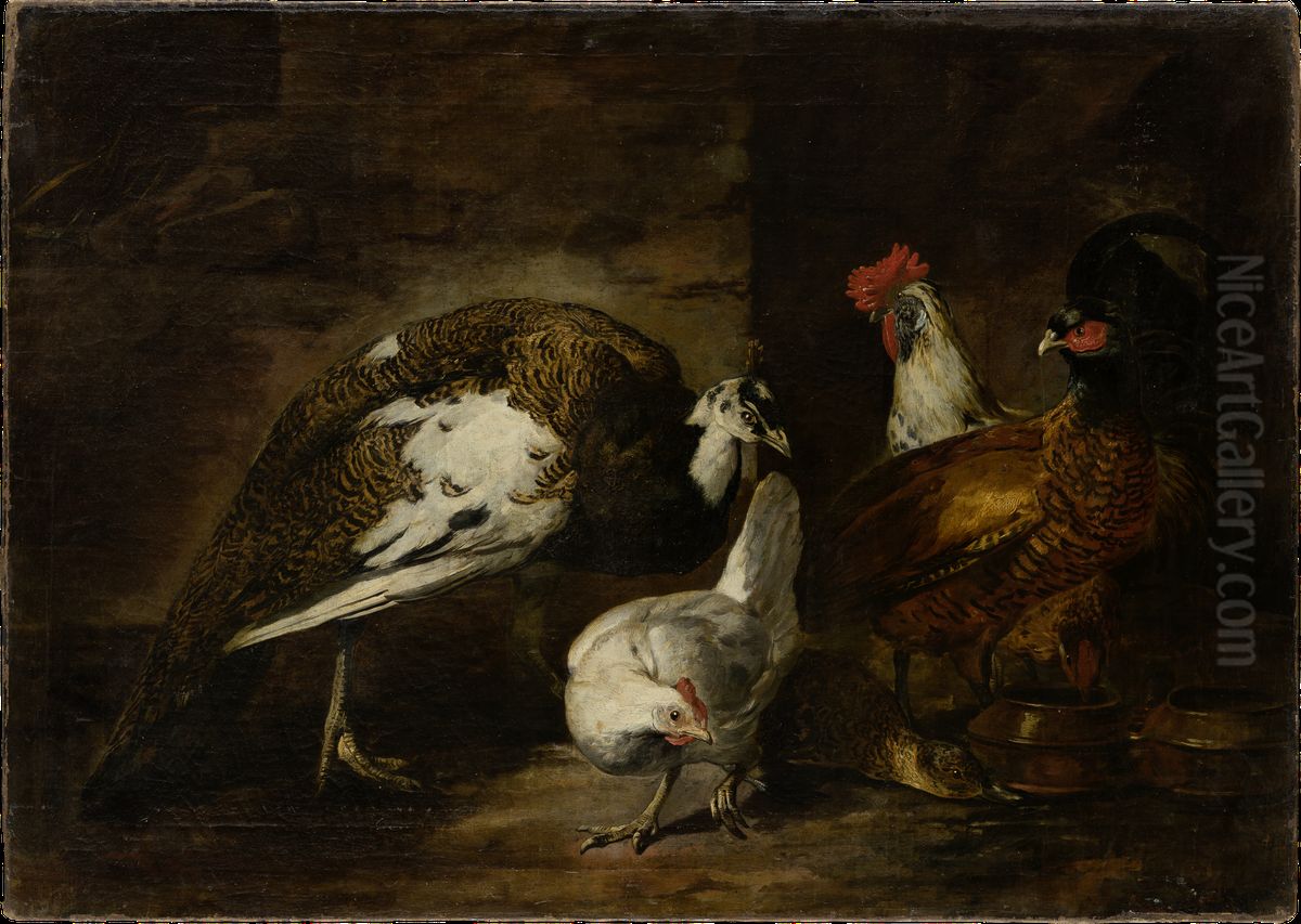 Poultry Yard with Peacock and Peahen Oil Painting by Mario Nuzzi Mario Dei Fiori