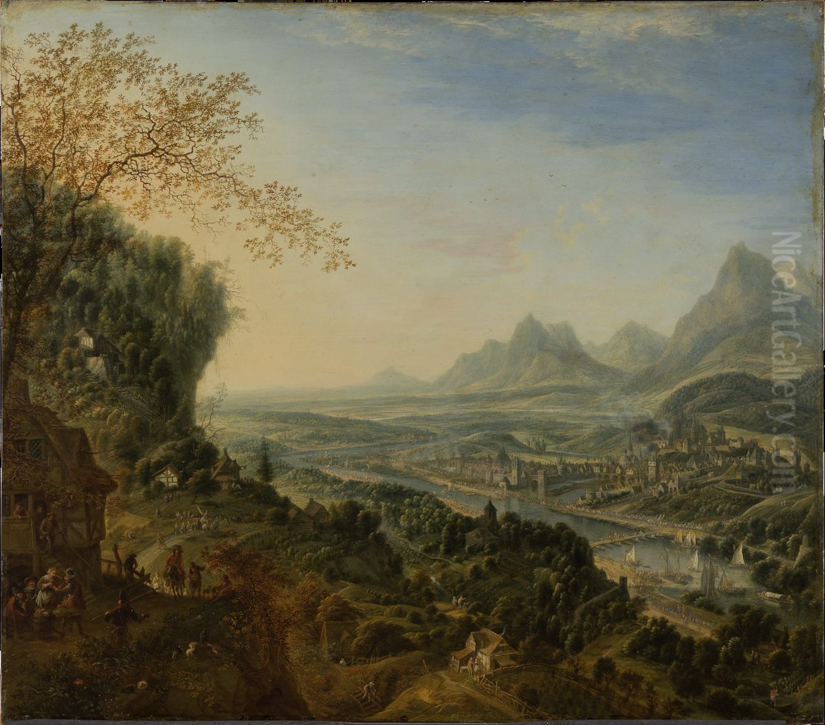 River Landscape with Rhine Motifs and Troops Passing Oil Painting by Jan Griffier I