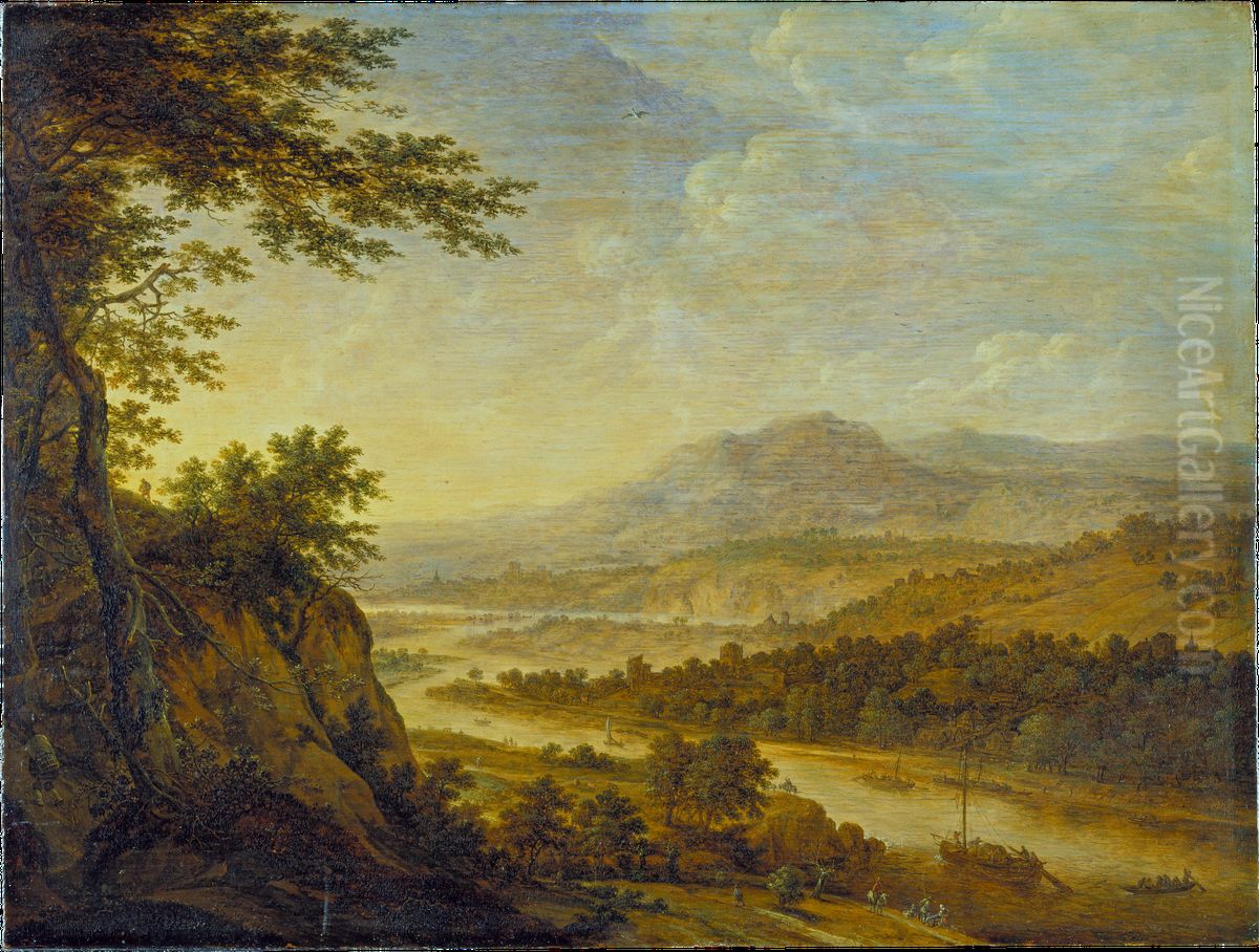 River Landscape with Rise of Cliffs Oil Painting by Herman Saftleven