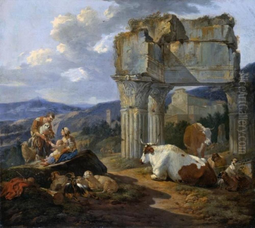 Roman Shepherd's Family with their Flock Oil Painting by Johann Heinrich Roos