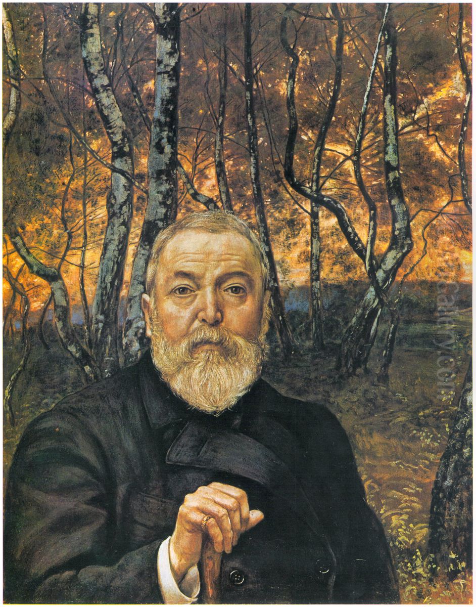 Selbstportrat vor einem Birkenholz Oil Painting by Hans Thoma