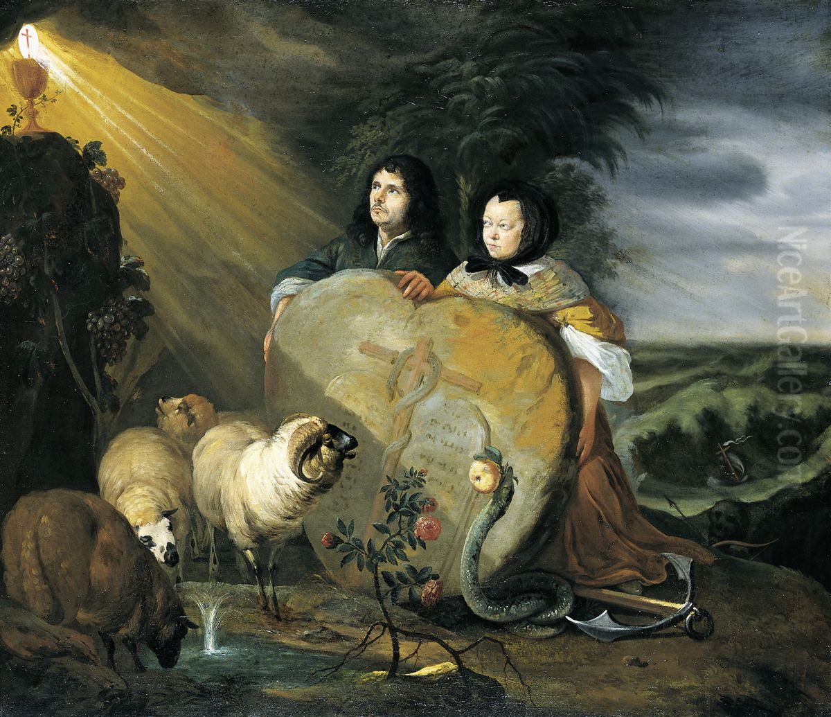 Self Portrait (?) with his Wife and Symbols of the Christian Faith Oil Painting by Johann Heinrich Roos