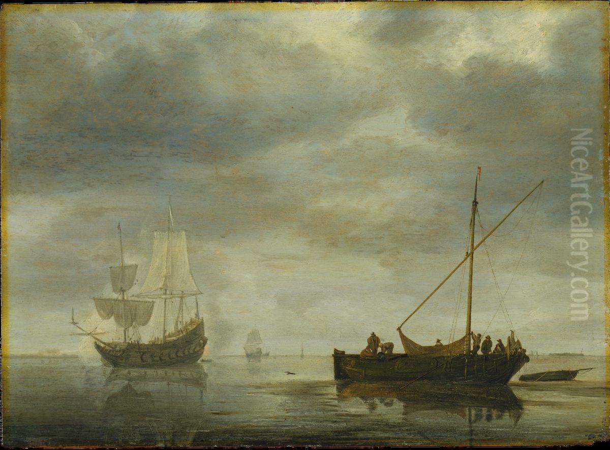 Salutschiessende Fregatte mit Einmaster bei Windstille Oil Painting by Simon De Vlieger