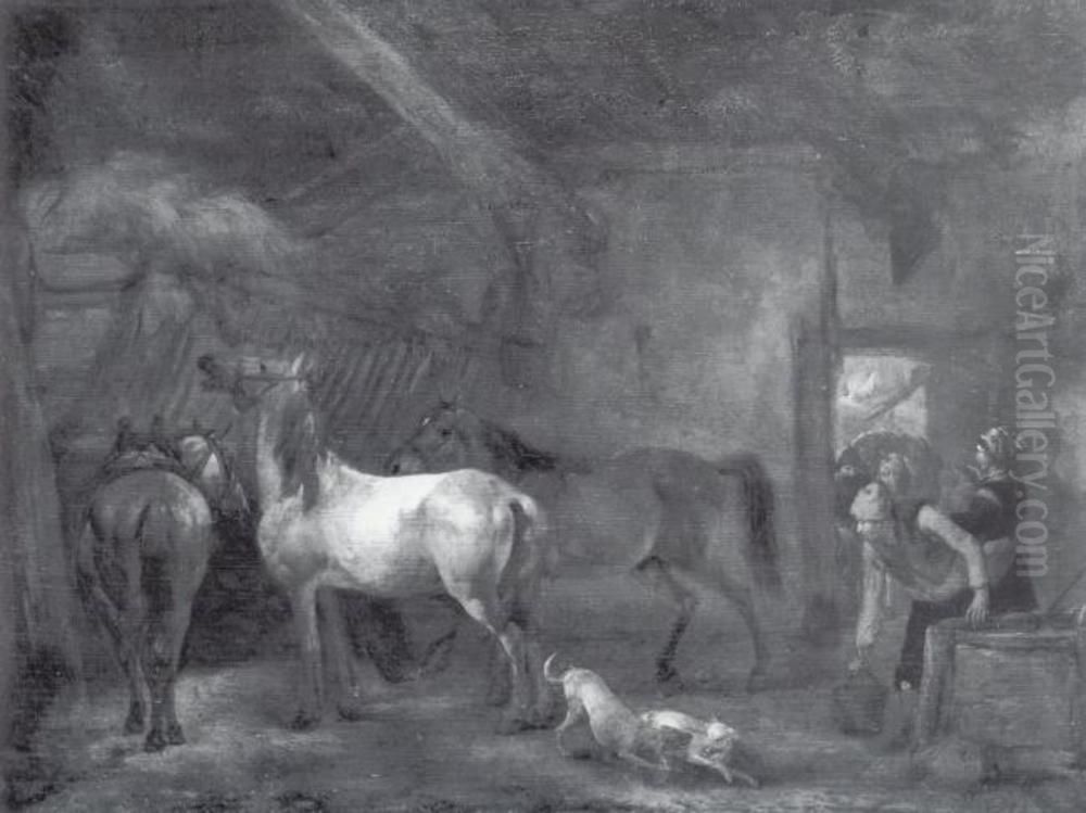Stable with Three Horses Oil Painting by Philips Wouwermanor follower