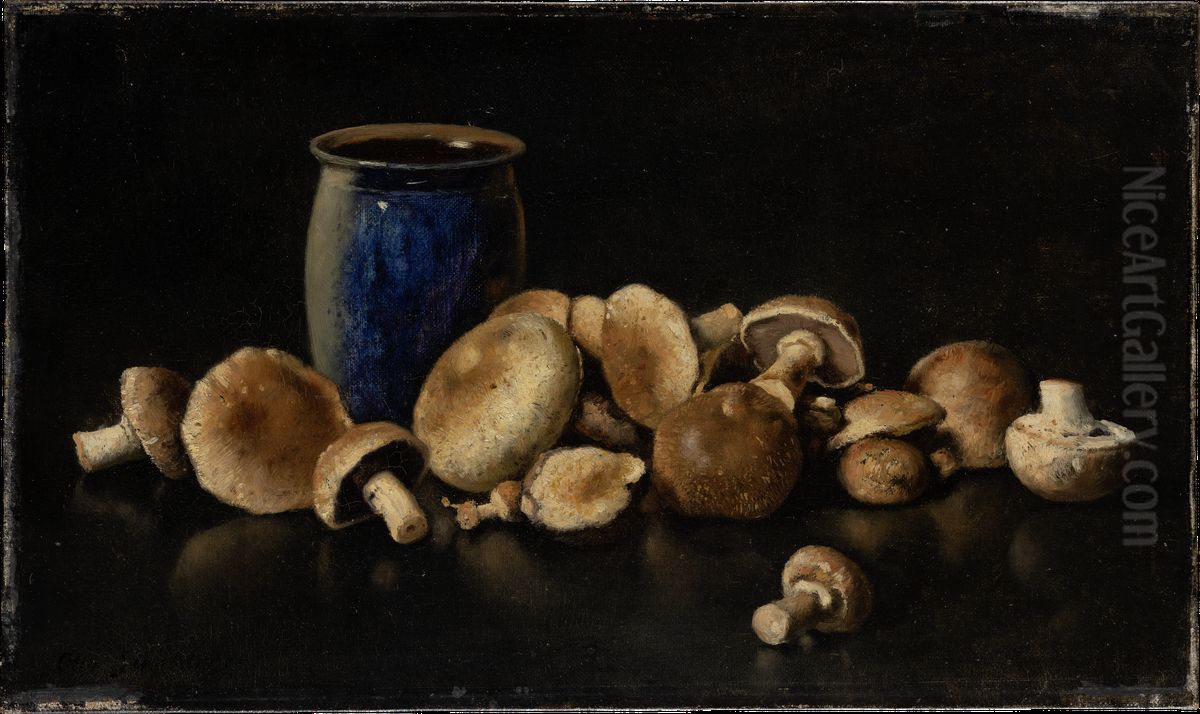 Still Life with Blue Vase and Mushrooms Oil Painting by Otto Scholderer