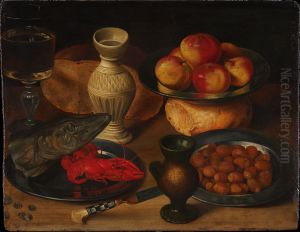 Stillleben mit Fischkopf und Haselnussen