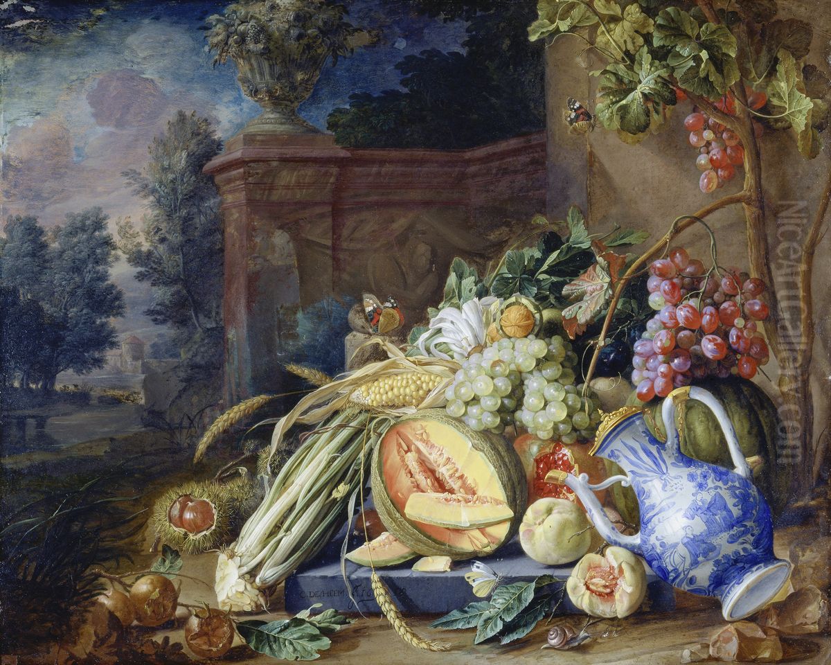 Stillleben mit Gemuse und Fruchten vor einer Gartenbalustrade Oil Painting by Cornelis De Heem