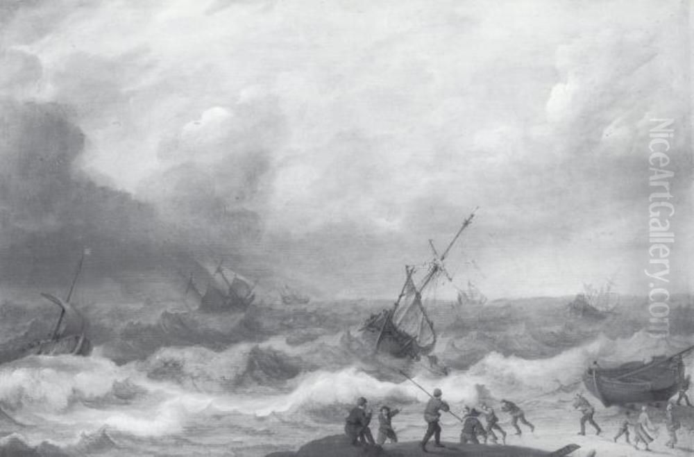 Stormy Sea with many Ships Oil Painting by Adam Willaertsand workshop