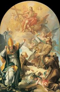 Three Capuchin Saints and a Bishop Worshipping Christ and the Cross