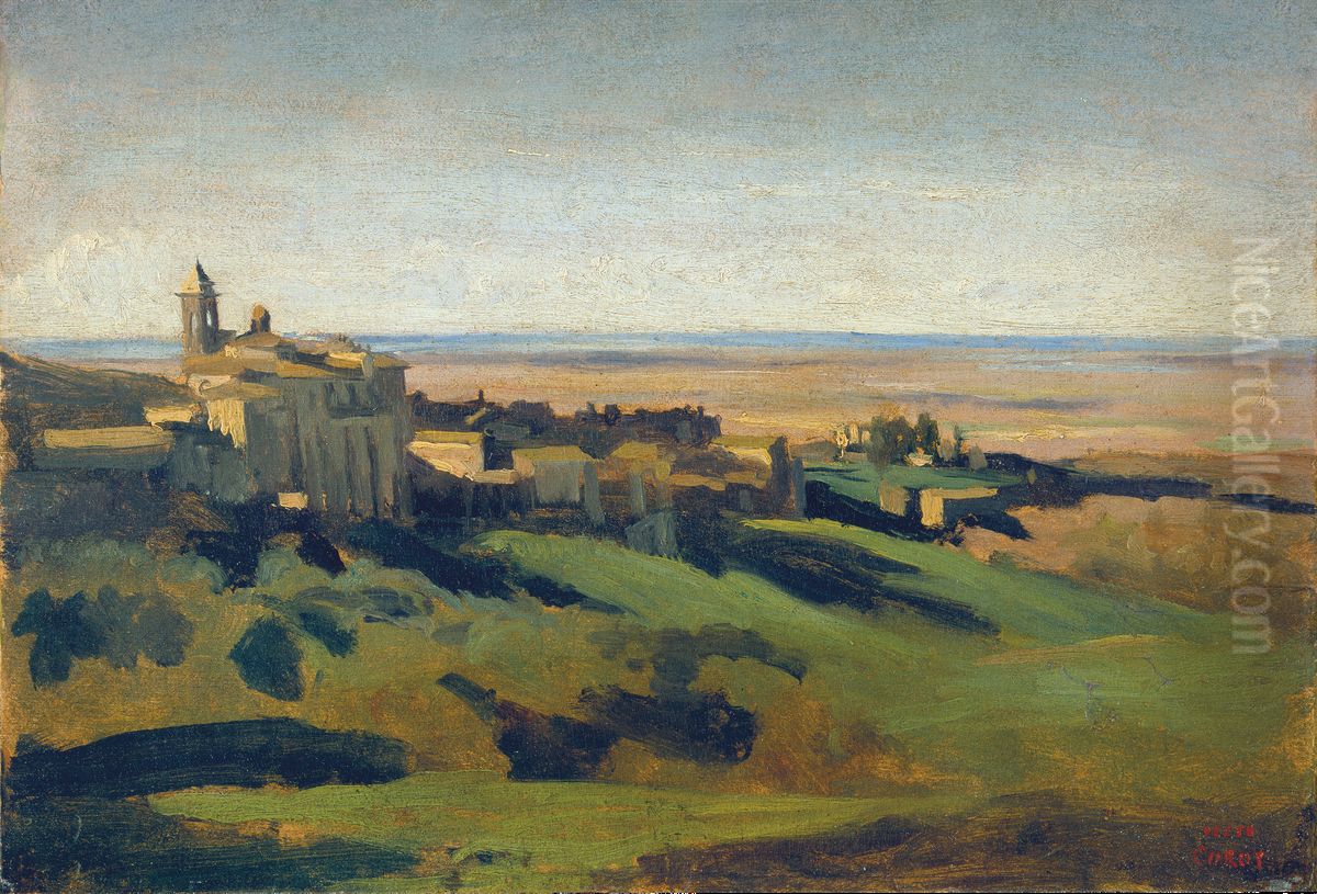 Blick auf Marino in den Albaner Bergen am fruhen Morgen Oil Painting by Jean-Baptiste Camille Corot