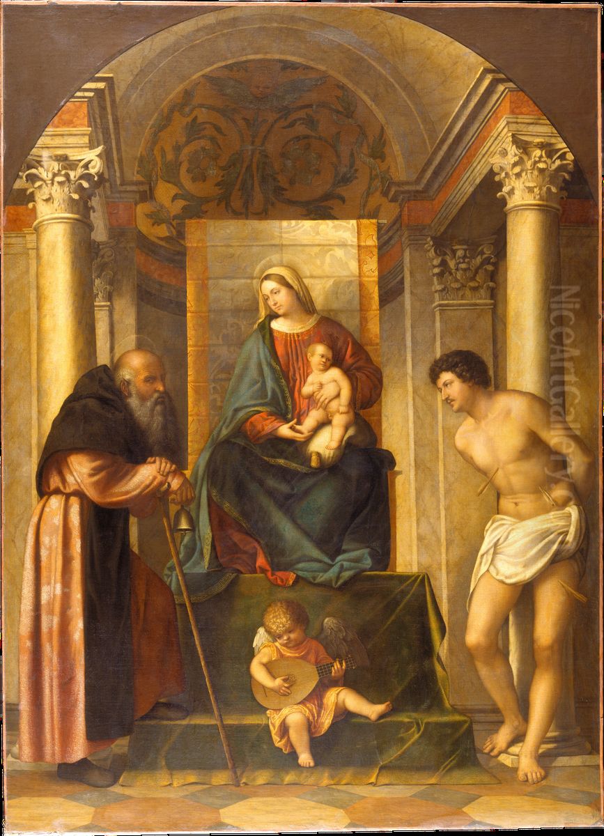 Virgin and Child Enthroned with Saints Anthony Abbot and Sebastian Oil Painting by Alessandro Bonvicino (Moretto da Brescia)