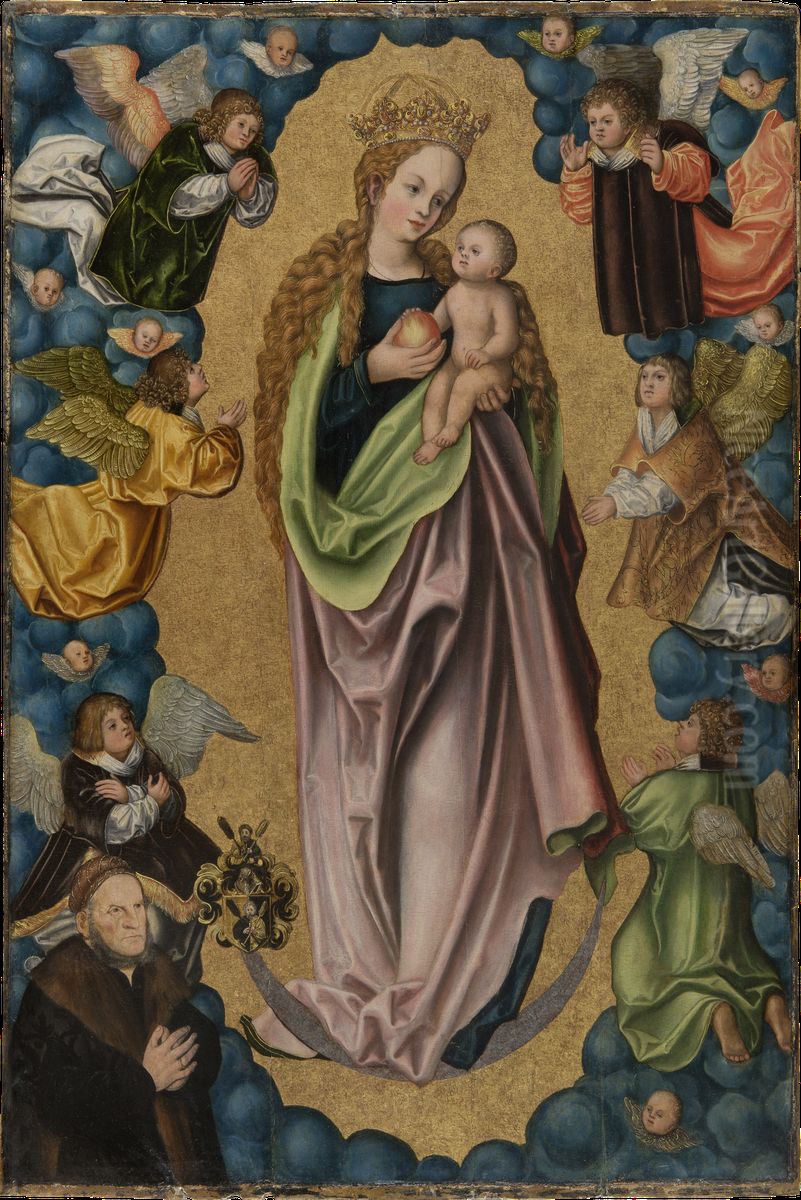 Virgin on the Crescent Moon Worshipped by the Donor Hieronymus Rudelauf Oil Painting by Lucas Cranach the Elder