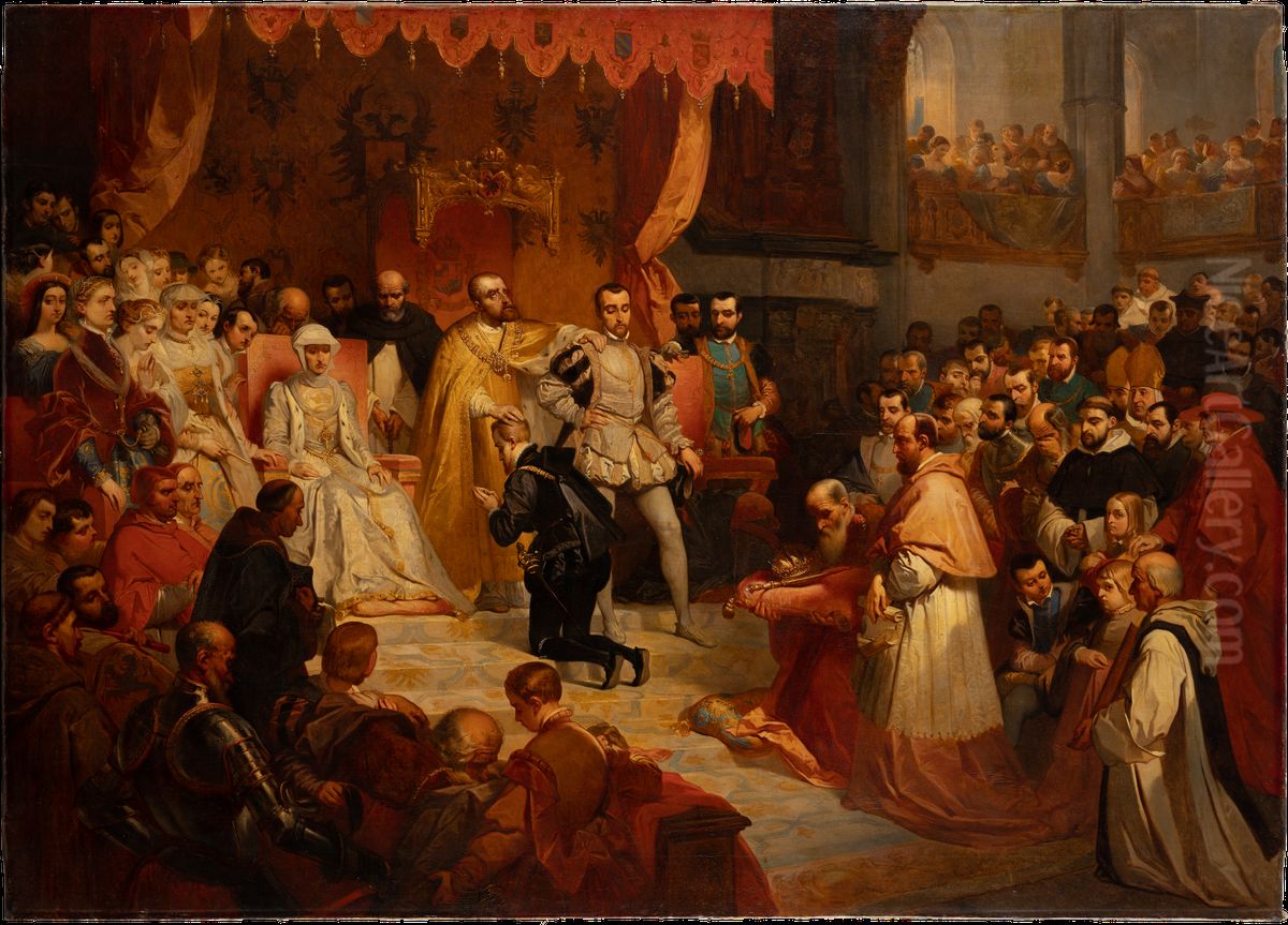 Die Abdankung Kaiser Karls V. zu Gunsten seines Sohnes Philipp II. zu Brussel am 25. Oktober 1555 Oil Painting by Louis Gallait