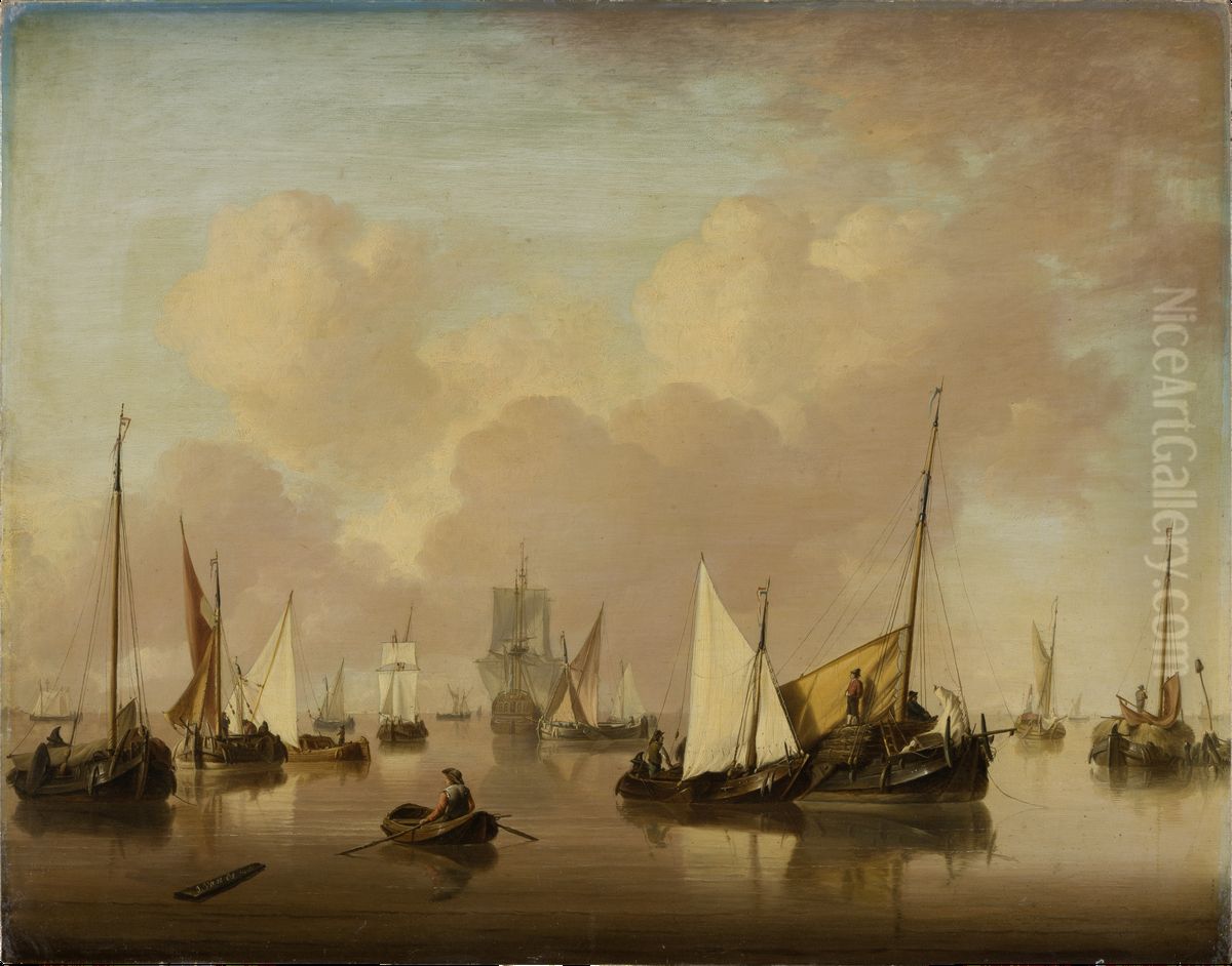 Boote und Segelschiffe auf stiller See Oil Painting by Jan van Os