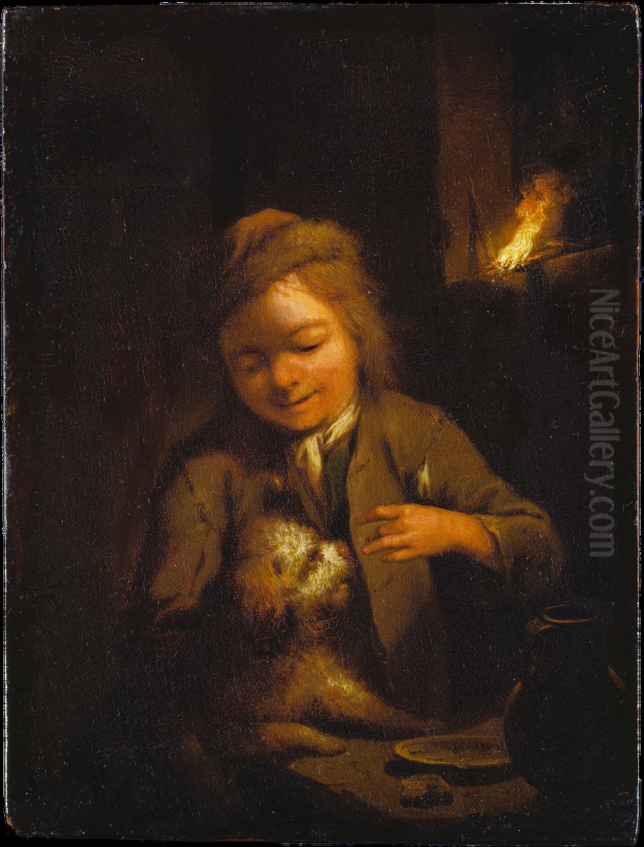 Ein Knabe neckt einen Hund bei Kienspanlicht Oil Painting by Johann Conrad Seekatz