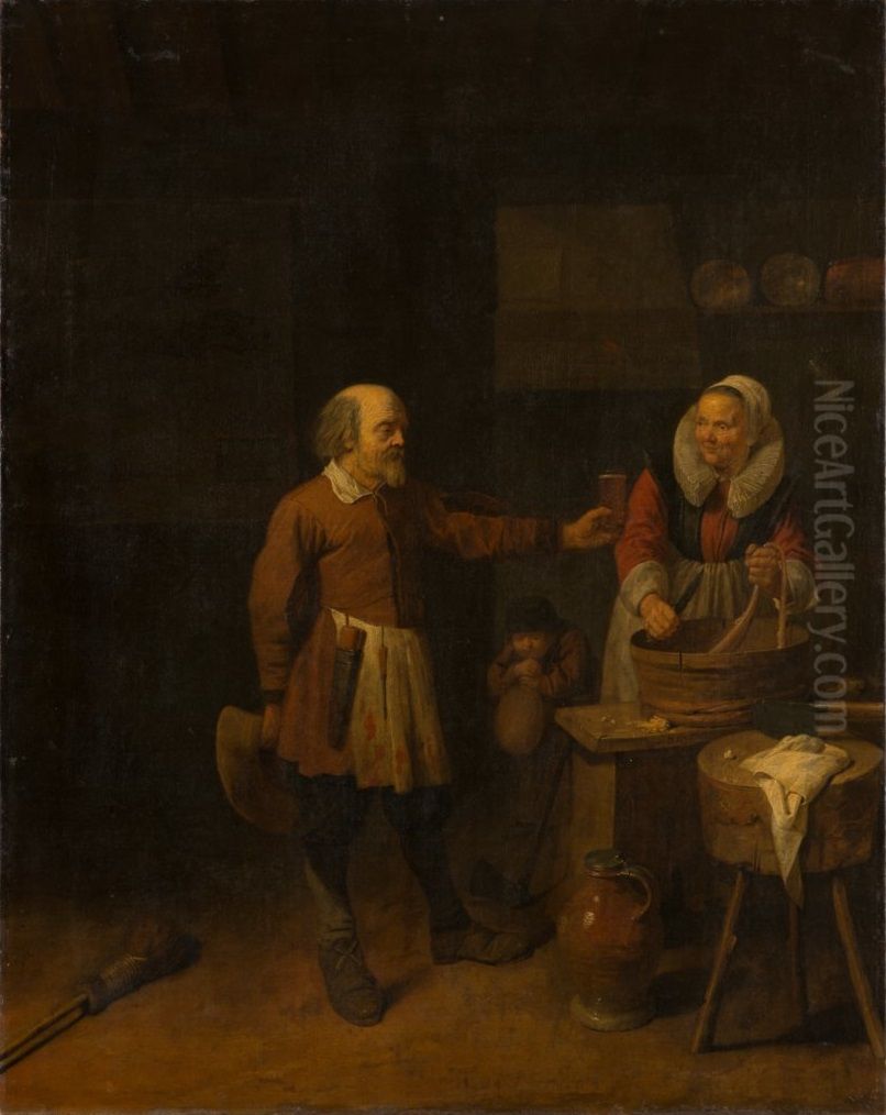 A Butcher Offering a Woman a Glass of Beer Oil Painting by David Ryckaert III