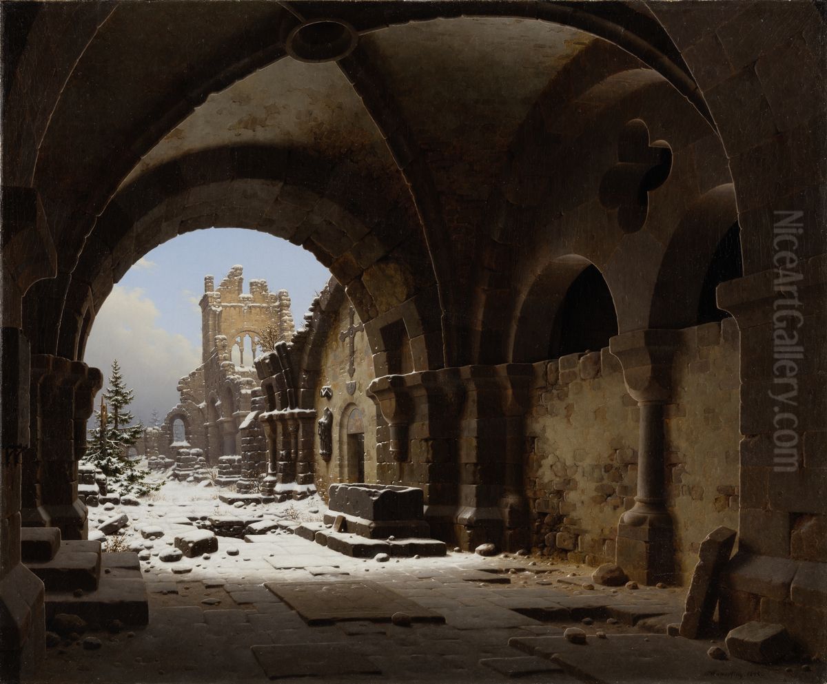 Church Ruin in Winter Oil Painting by Carl Hasenpflug
