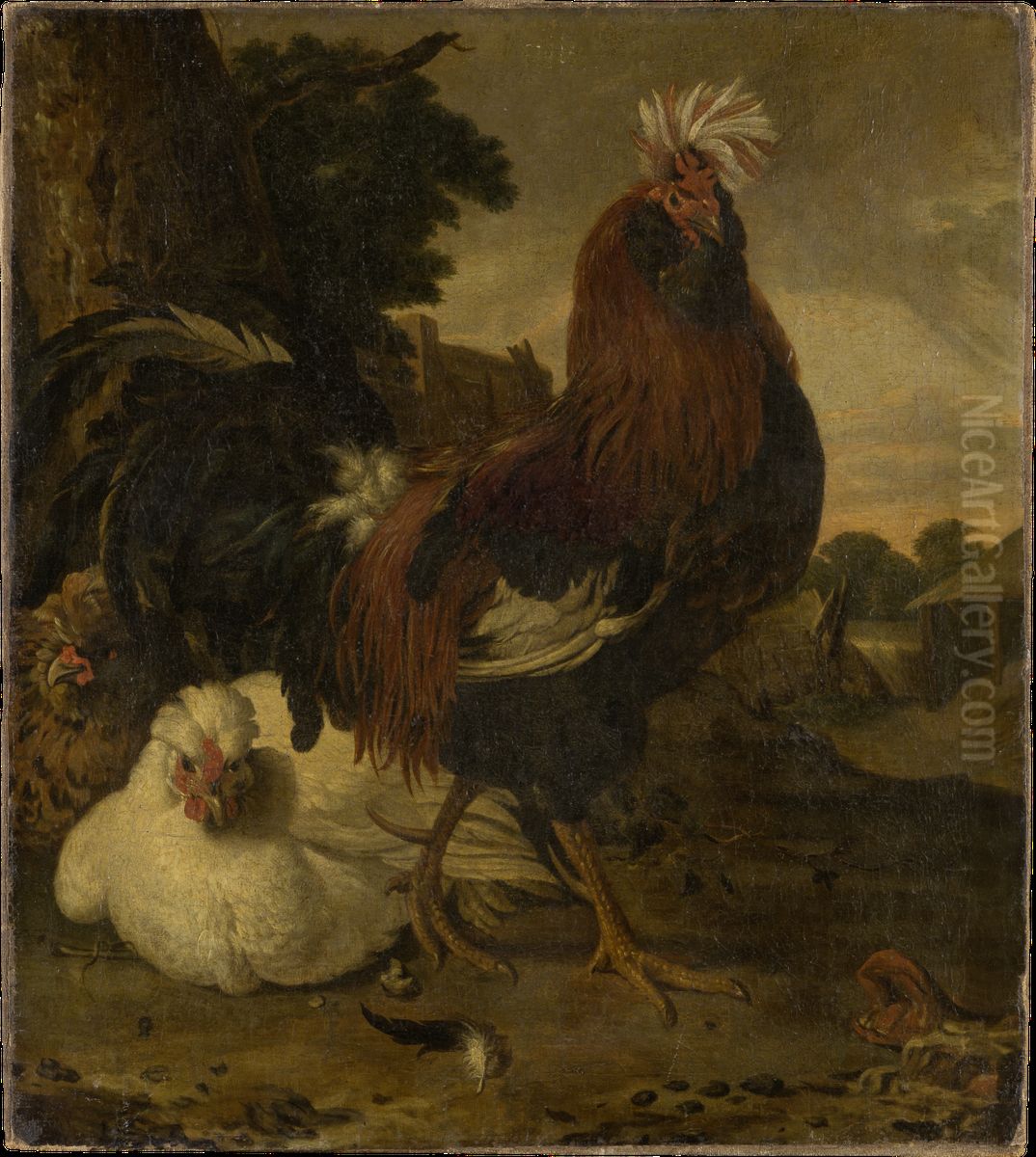 Cock in a Barnyard Oil Painting by Melchior D'Hondecoeter