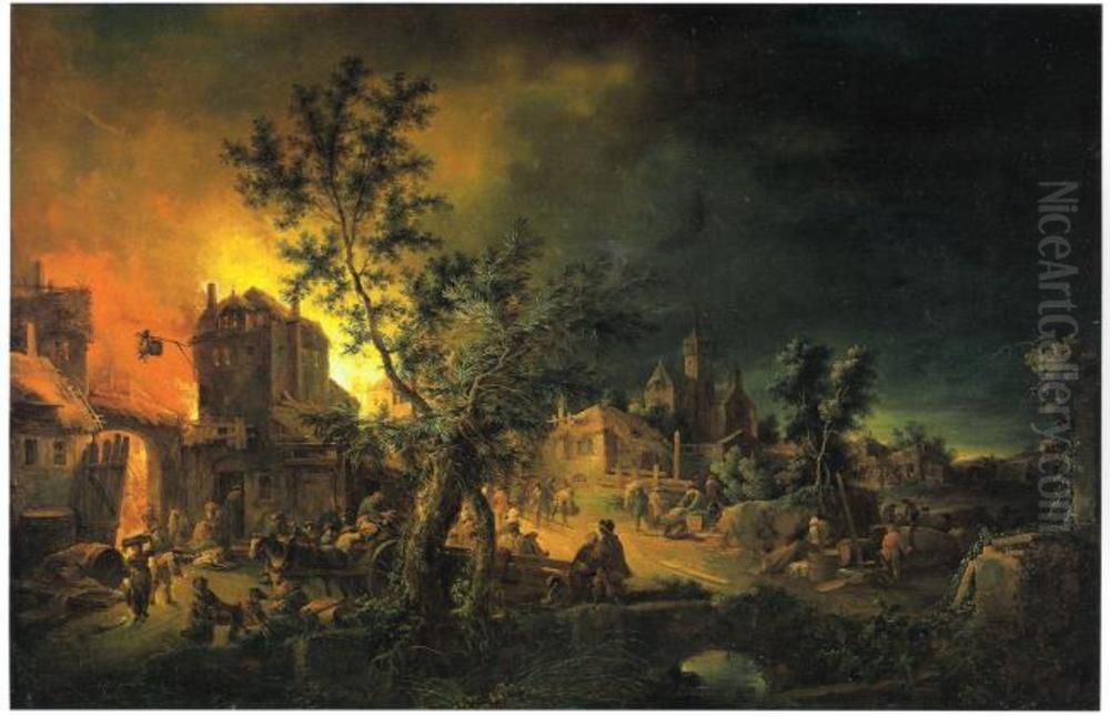 Conflagration at Night Oil Painting by Johann Georg Trautmann