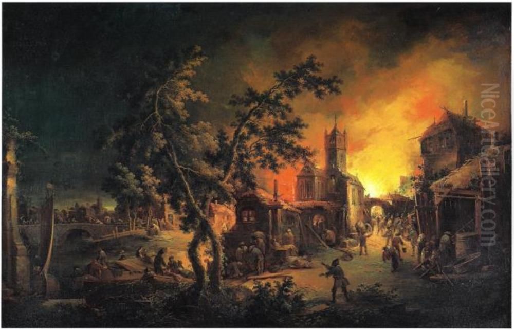 Conflagration at Night Oil Painting by Johann Georg Trautmann