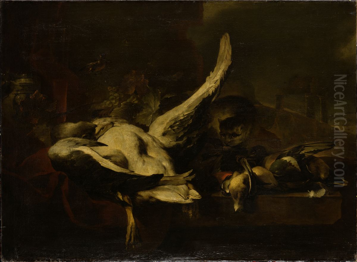 Totes Geflugel, an dem eine Katze frisst Oil Painting by Jan Baptist Weenix