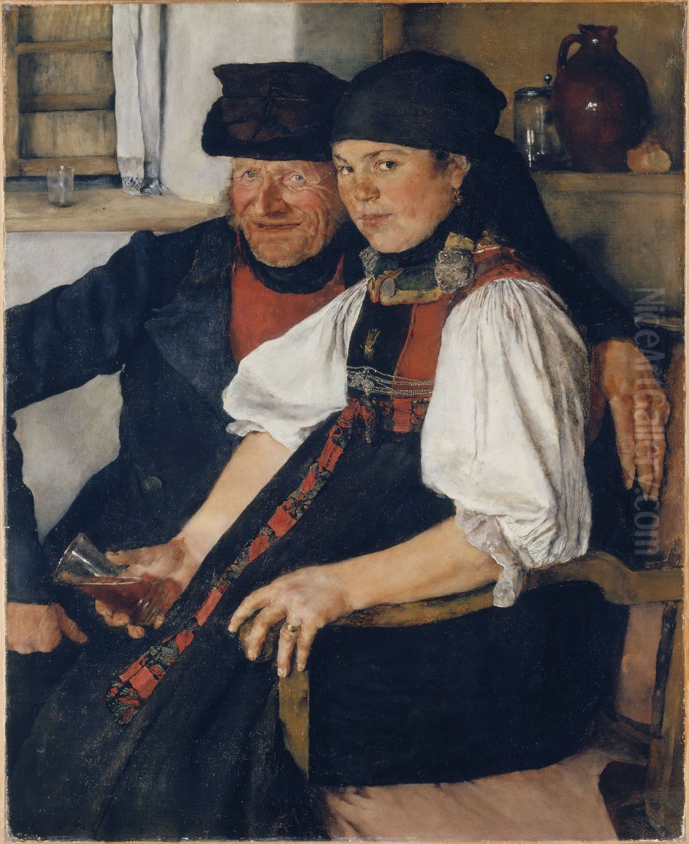 Elderly Farmer and Young Girl; The Ill-Matched Couple Oil Painting by Wilhelm Leibl